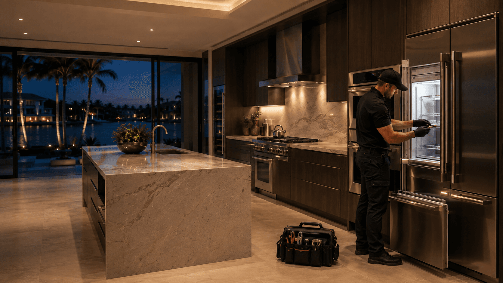 Emergency appliance repair technician servicing a premium refrigerator in a luxury South Florida kitchen at night