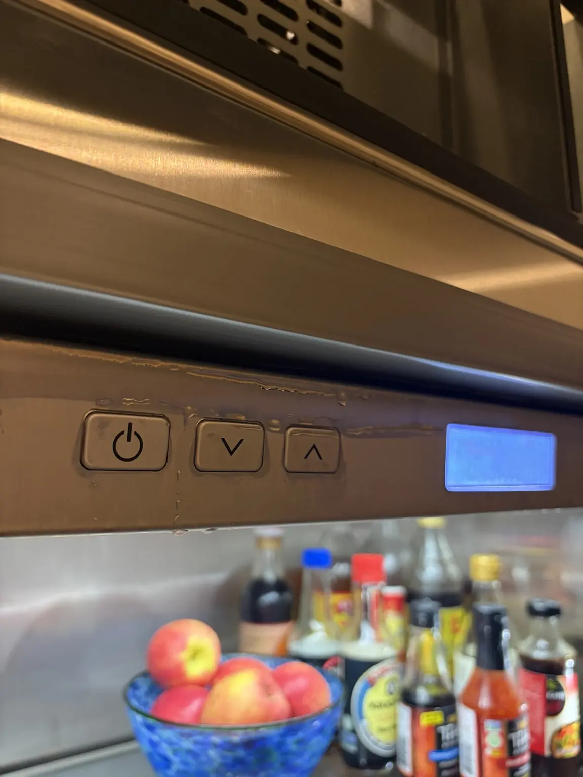 Condensation near the top of a True refrigerator caused by an incomplete door gasket seal