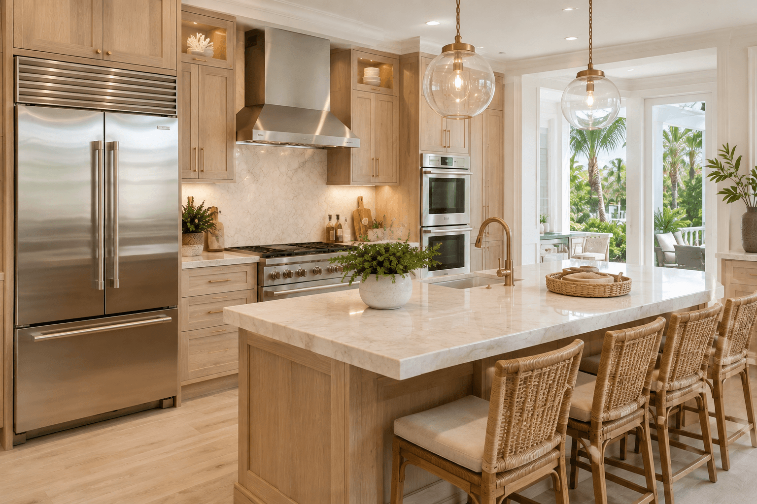 Luxury Boca Raton style kitchen with marble island and premium built-in appliances