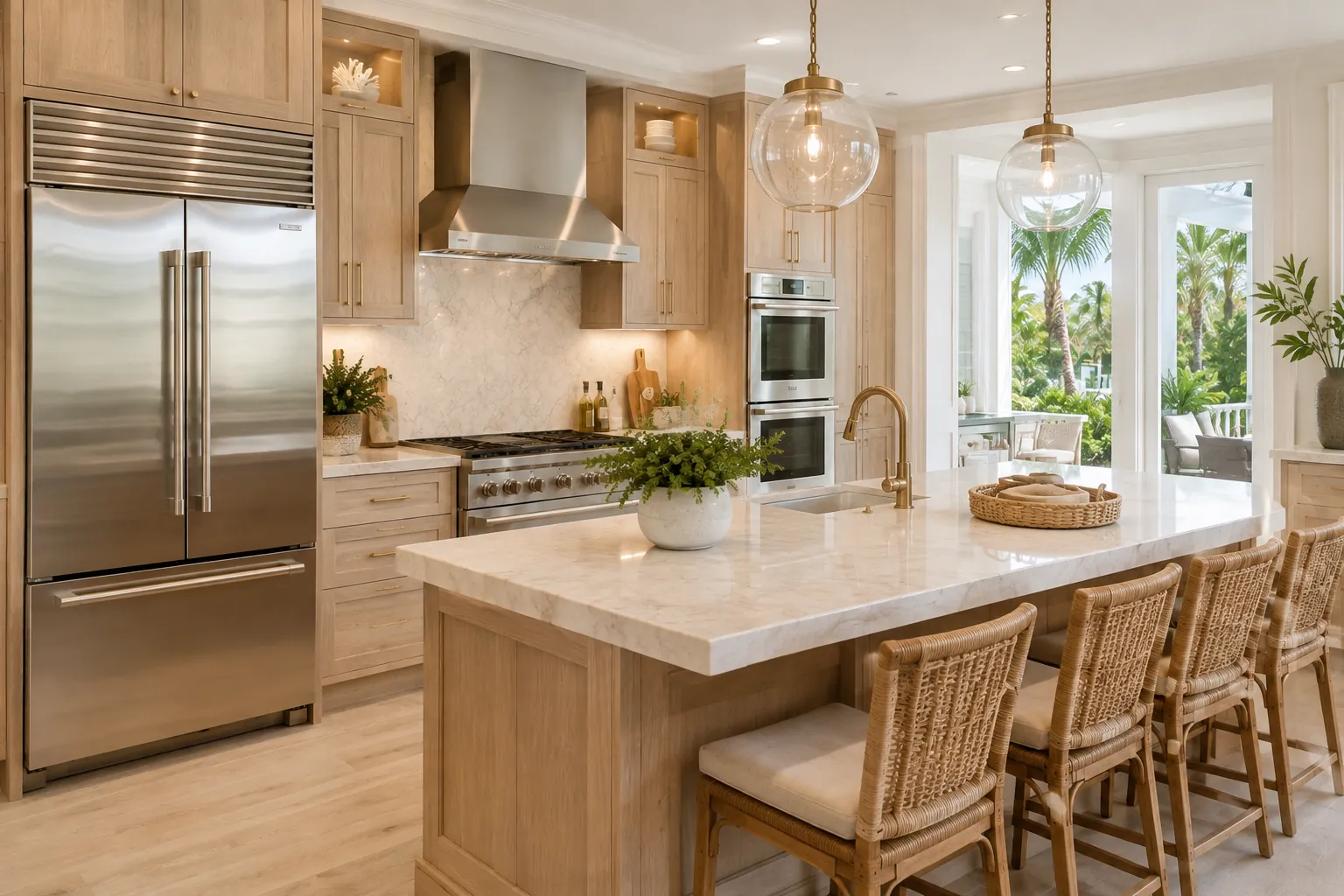 Luxury Boca Raton style kitchen with marble island and premium built-in appliances