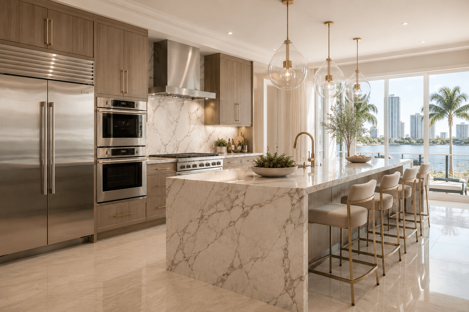 Warm contemporary Boynton Beach luxury kitchen with premium built-in appliances