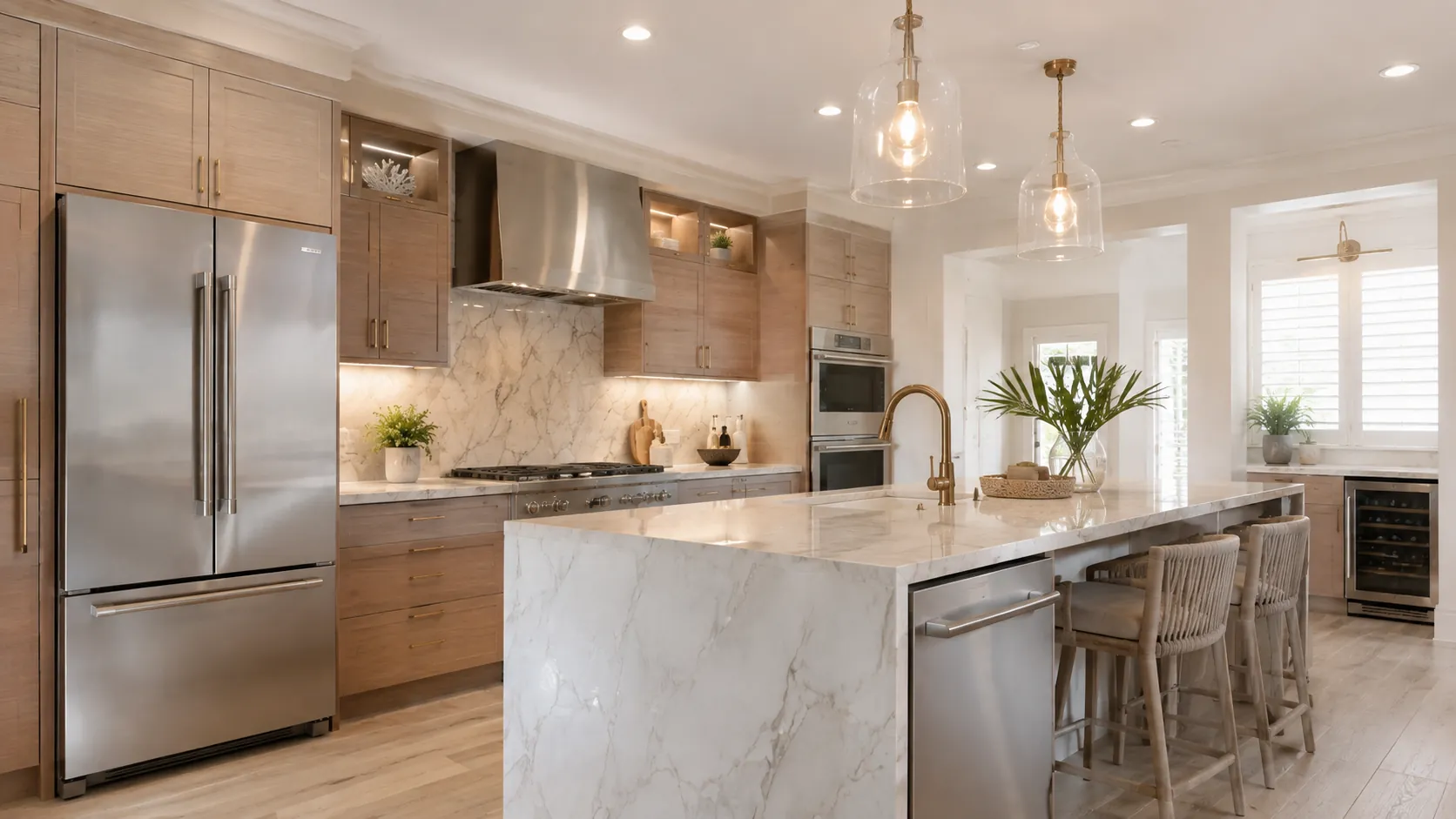 Bright luxury kitchen with premium refrigeration and cooking appliances