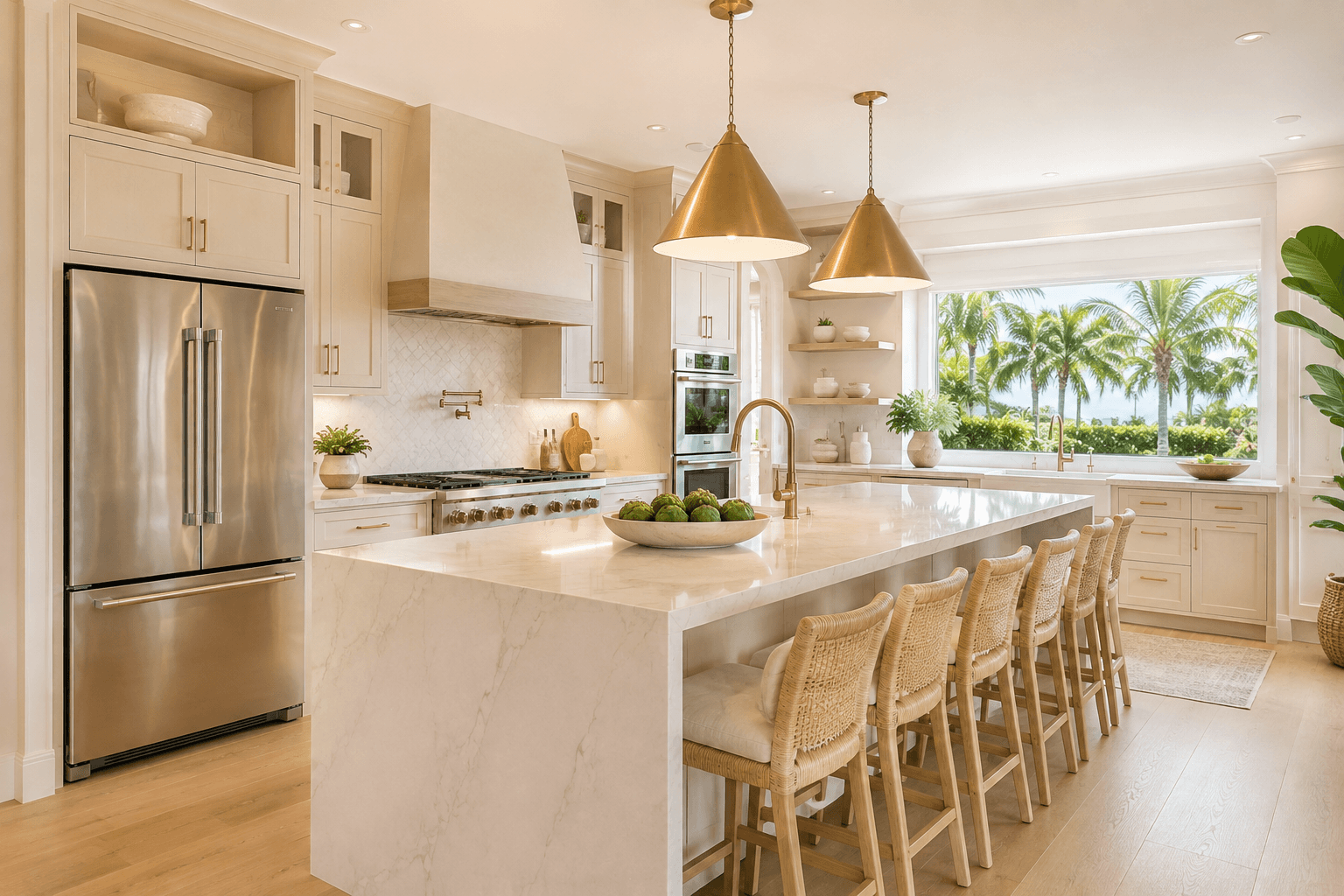 Bright Delray Beach luxury kitchen with premium stainless steel appliances