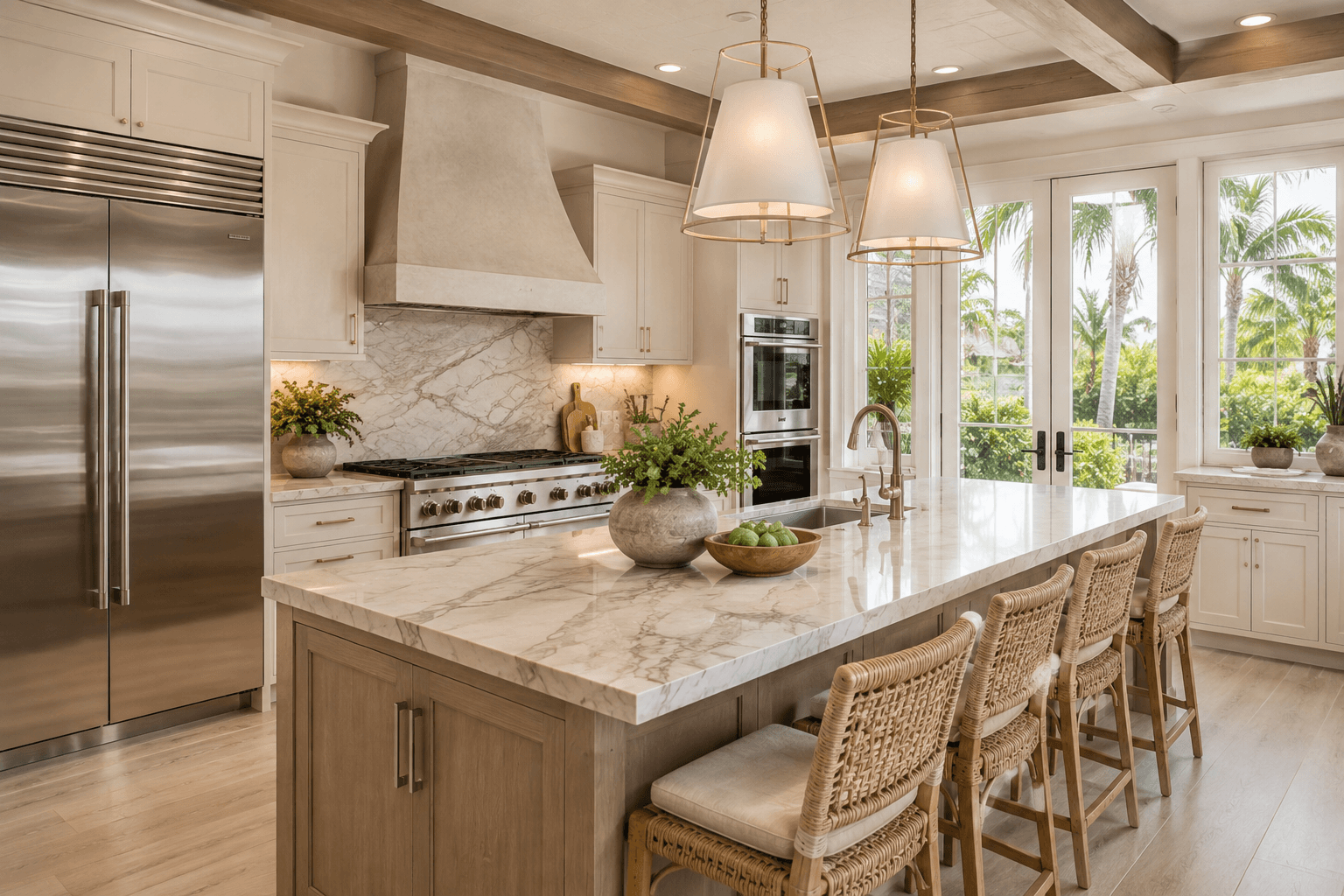 Light-filled Lake Worth Beach luxury kitchen with marble island and stainless steel appliances