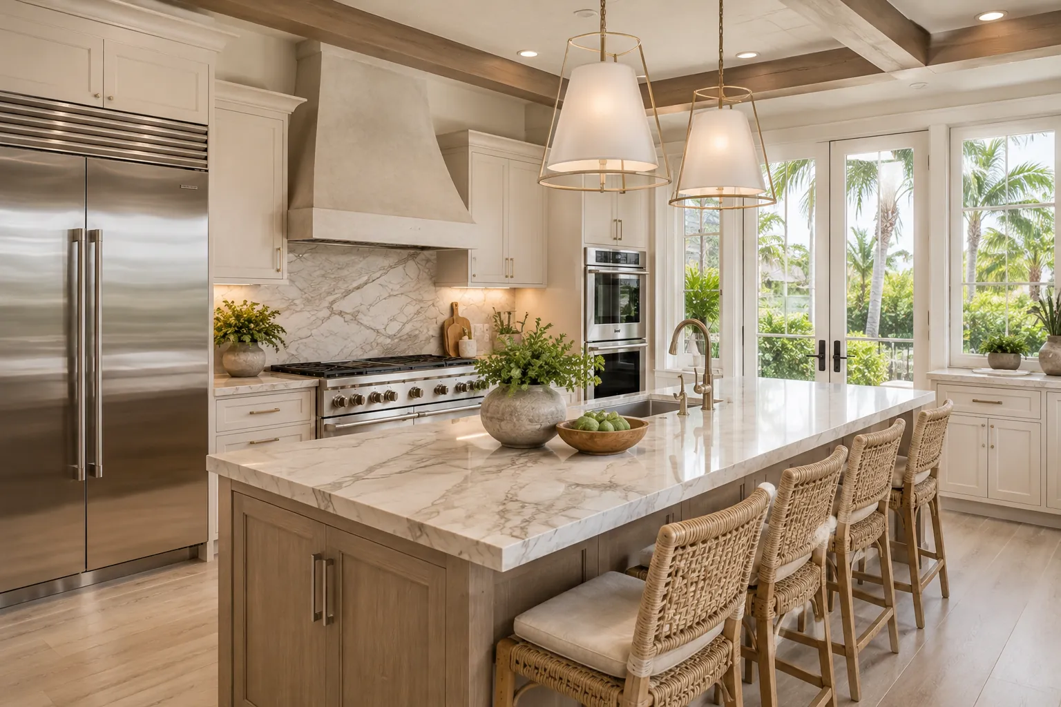 Light-filled Lake Worth Beach luxury kitchen with marble island and stainless steel appliances
