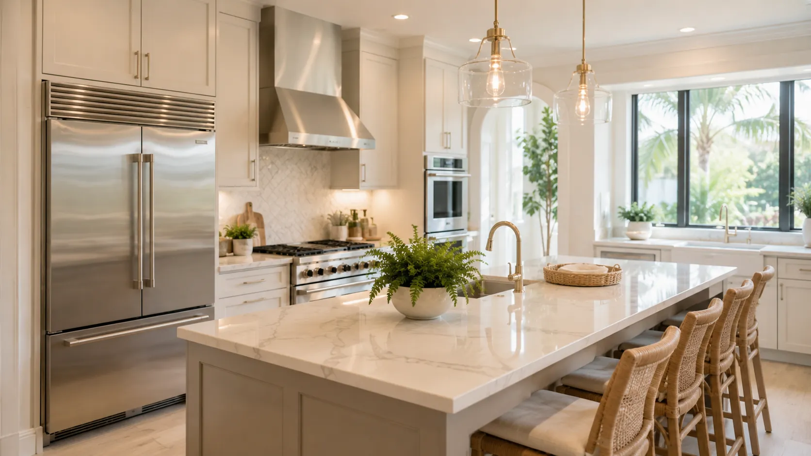 Luxury coastal-style kitchen with stainless steel built-in appliances