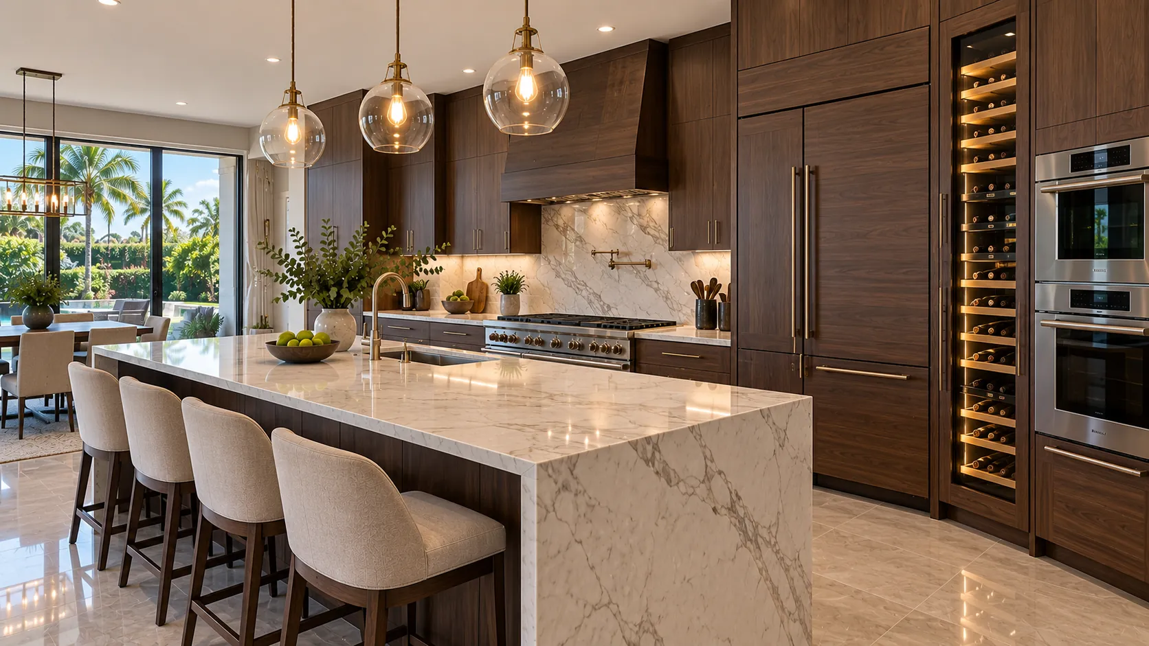 High-end Parkland, Florida kitchen with walnut cabinetry, marble waterfall island, built-in wine column and double wall ovens