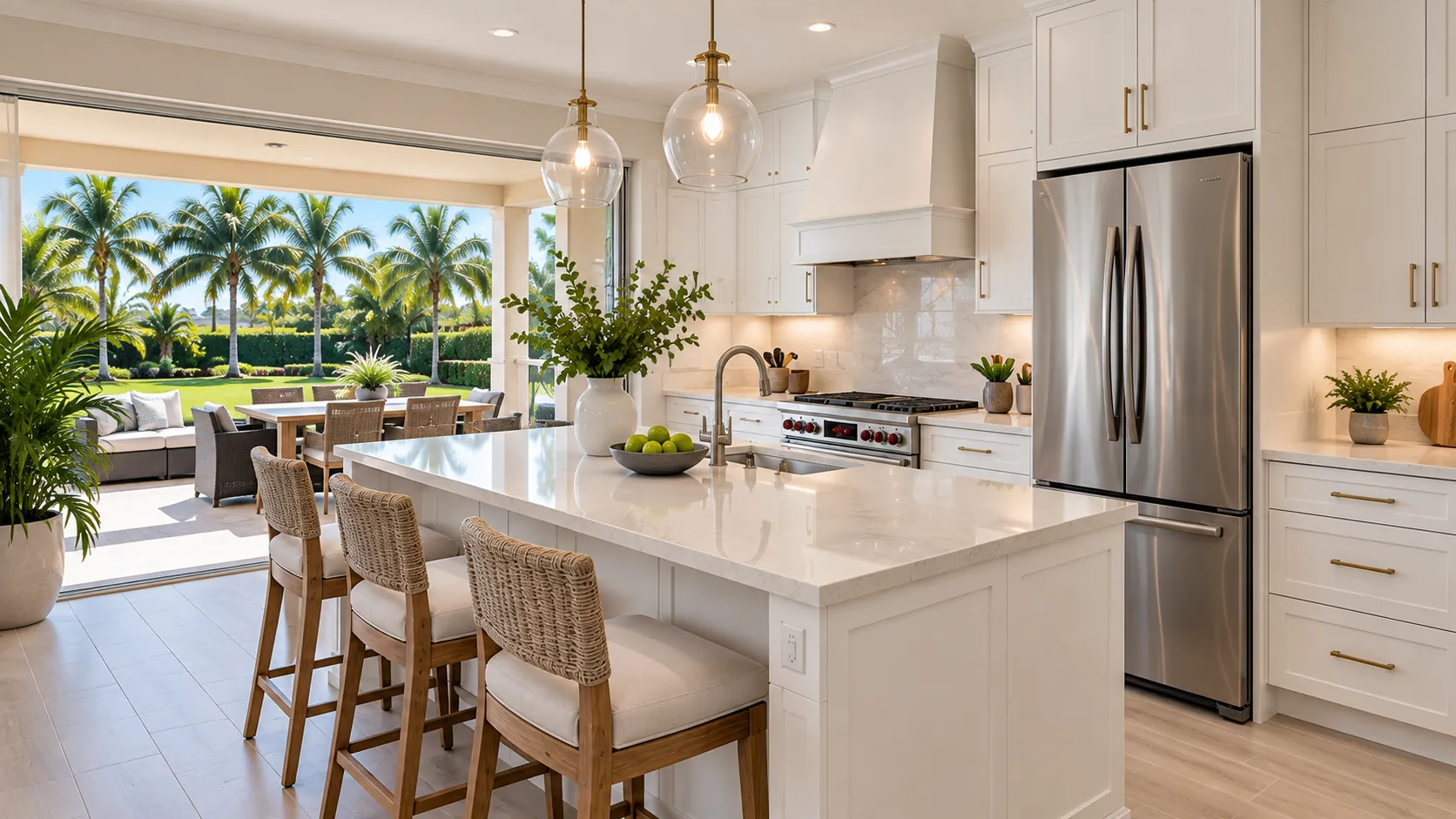 Warm transitional Plantation, Florida kitchen with white shaker cabinets, quartz island and stainless French-door refrigerator