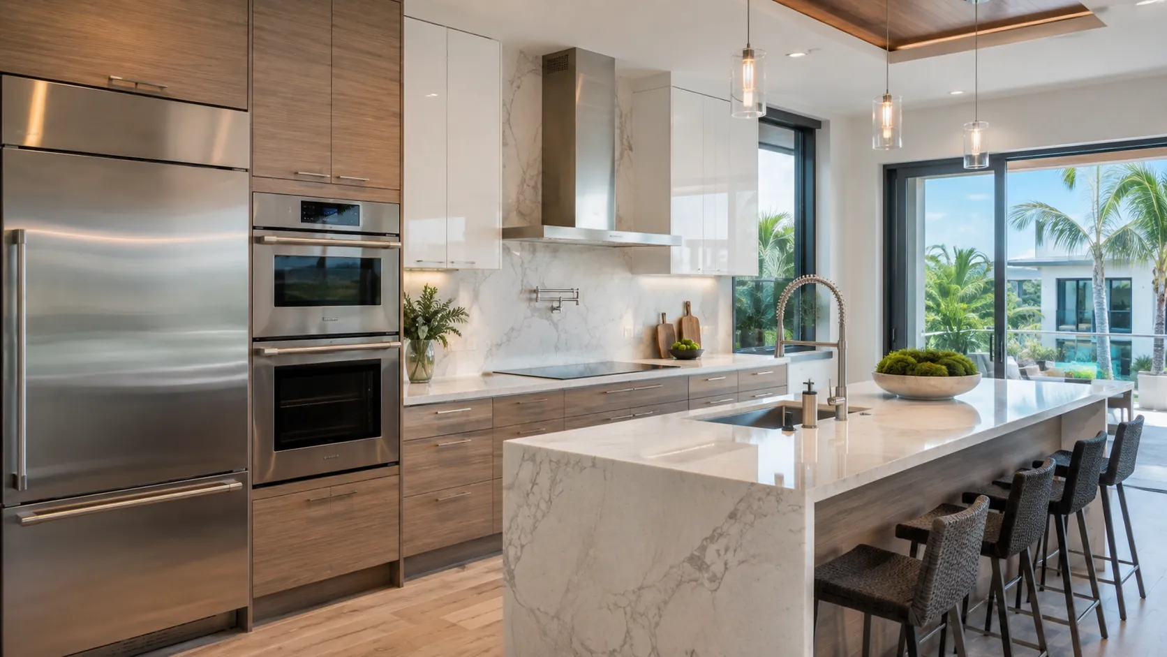 Upscale South Florida kitchen with marble island and premium appliances