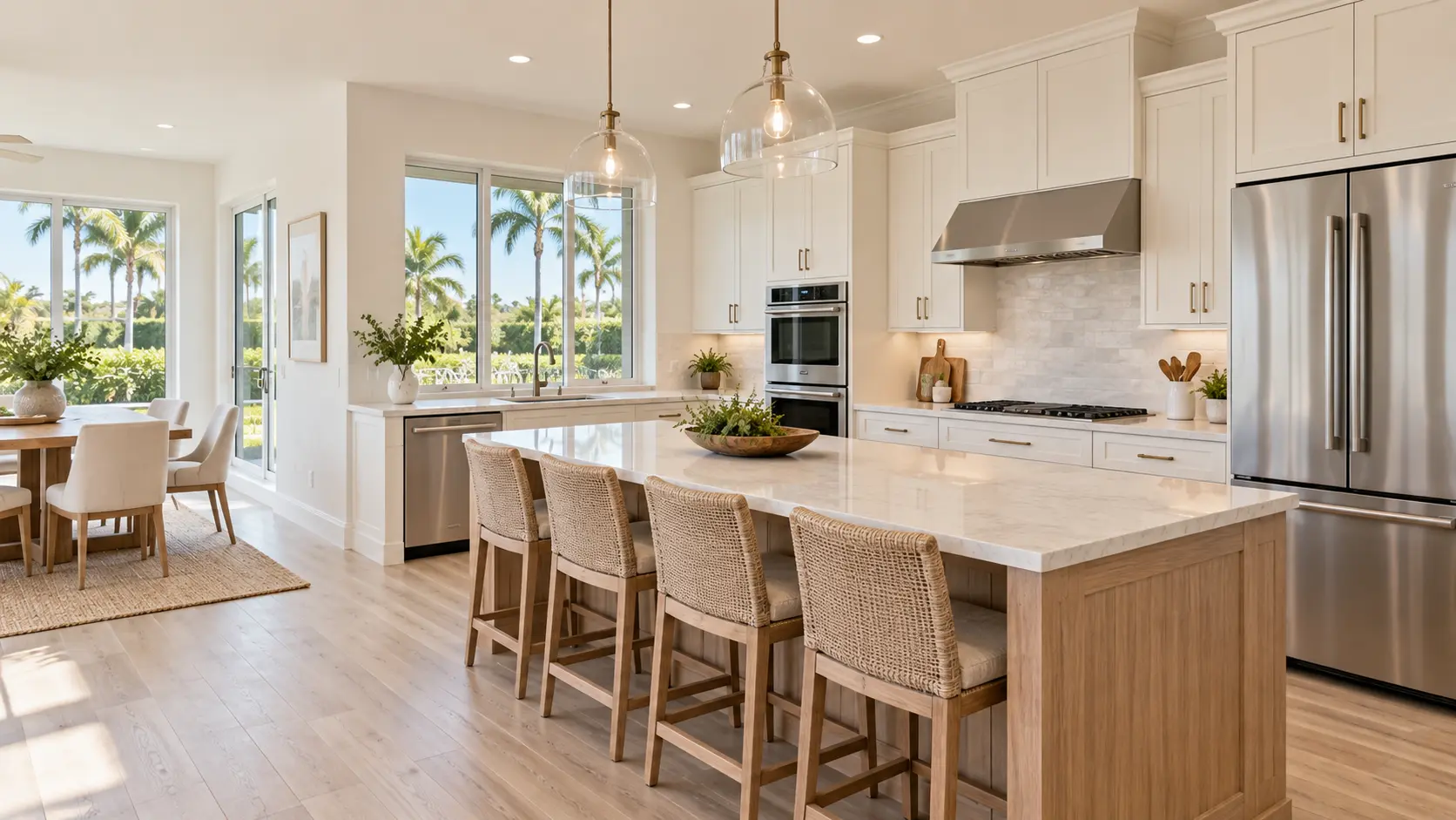 Bright upscale Wellington home kitchen with premium stainless steel appliances and South Florida landscaping