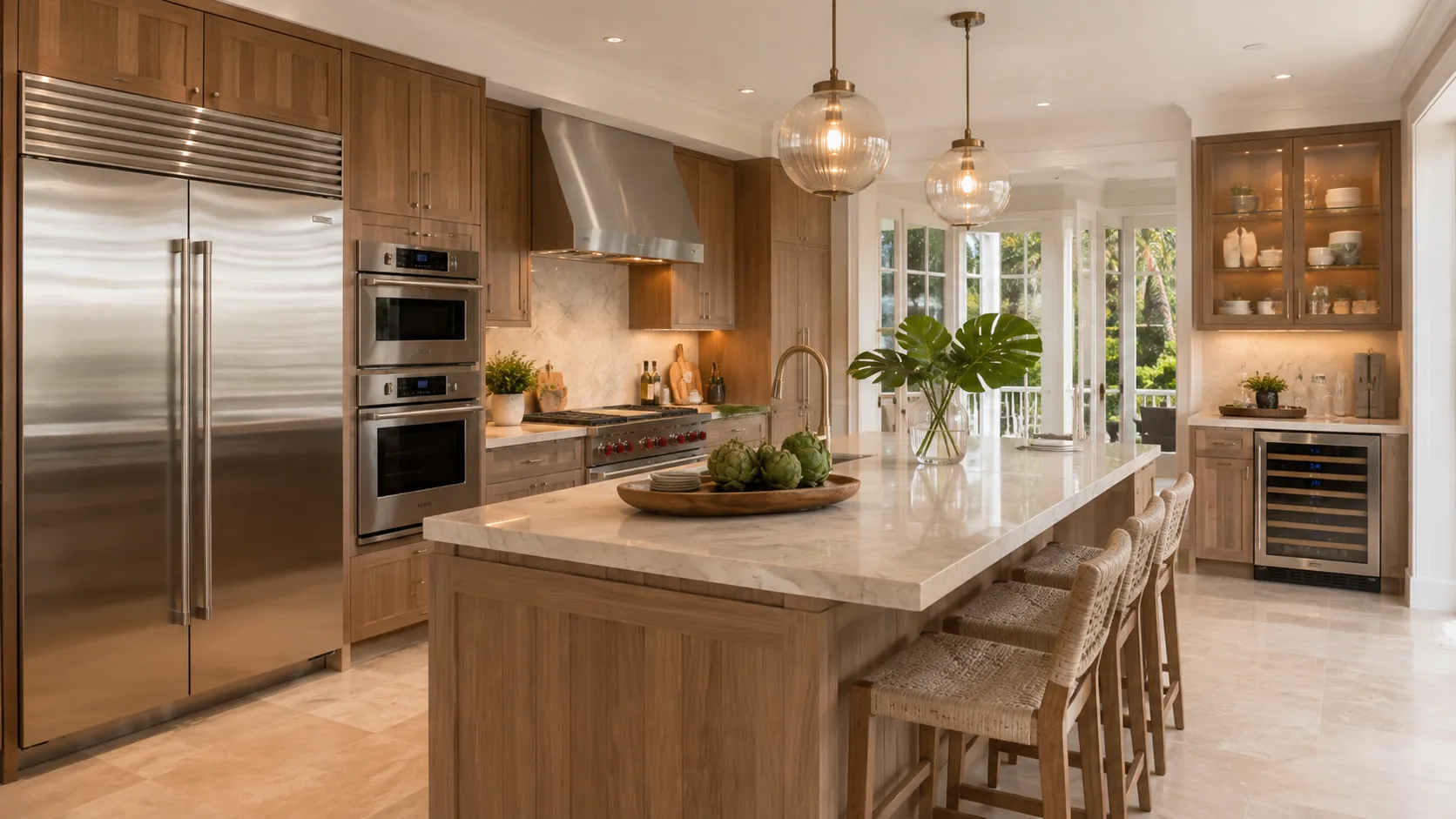 Premium residential kitchen with built-in refrigerator, ovens and range