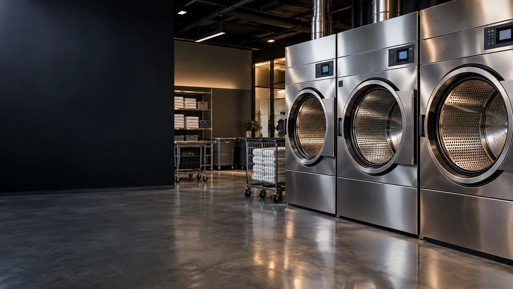 Professional high-capacity commercial dryers in a South Florida laundry facility
