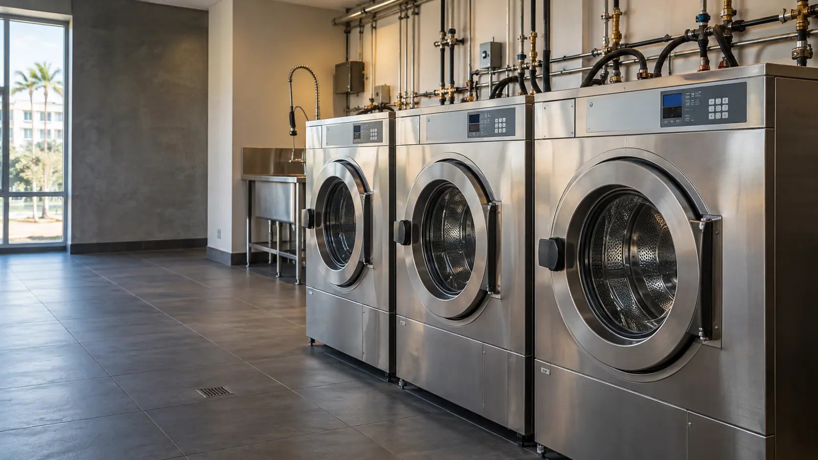 Professional stainless-steel commercial washing machines in a South Florida laundry facility