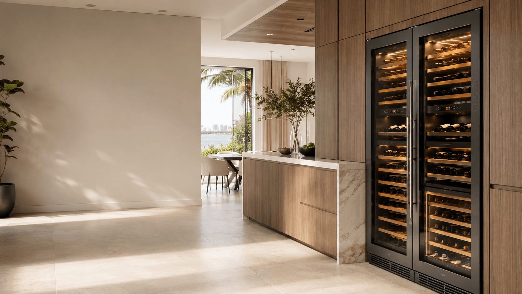 Luxury built-in dual-door wine cooler in a premium South Florida kitchen